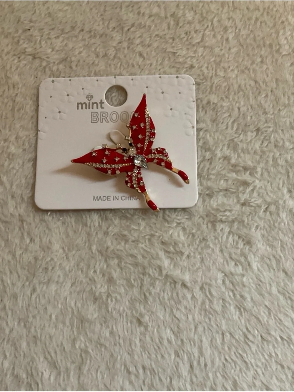 Mint Red Enamel Starfish Brooch with Clear Crystals
